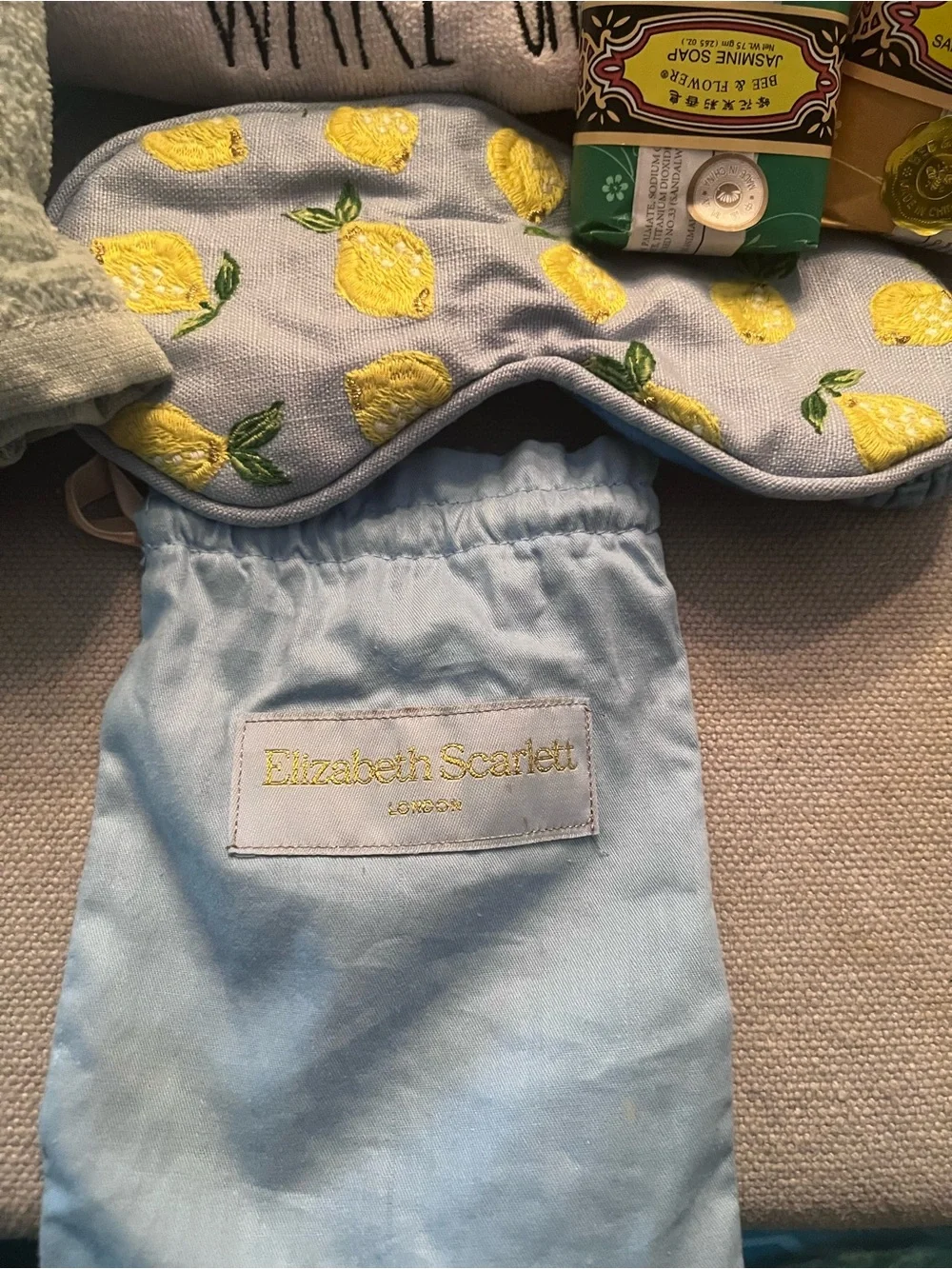 Anthro Lemon Eye Mask, Rae Dunn Towel Set, luxury soaps & set of 3 washcloths